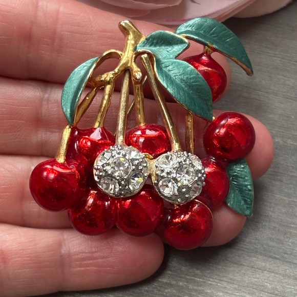 Rhinestone Enameled Cherry Branch Brooch, Vintage - Picture 8 of 11